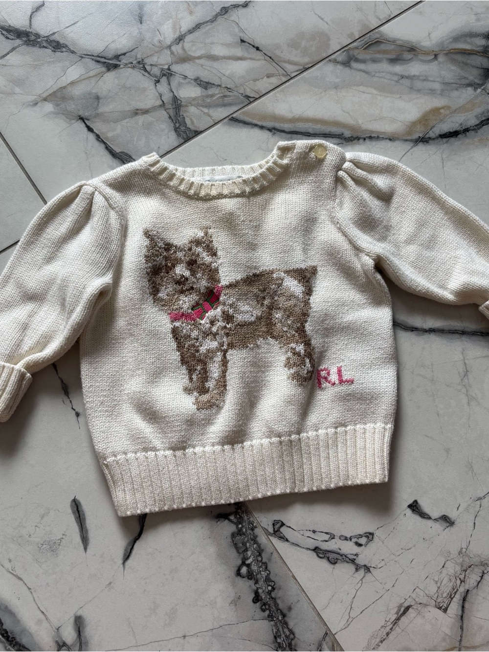 Ralph Lauren Cream Knit Baby Sweater with Puppy Detail